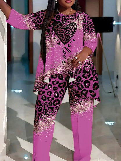 Leopard & Heart Print Plus-Size Set for Women - High-Low Hem, 3/4 Sleeves, Crew Neck Top & Pants Chic Le'Meek