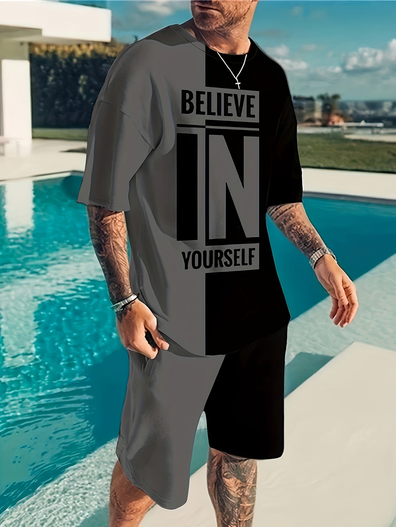 Plus Size Men's "Believe In Yourself" Print T-shirt & Shorts Set For Summer, Casual Trendy 2Pcs