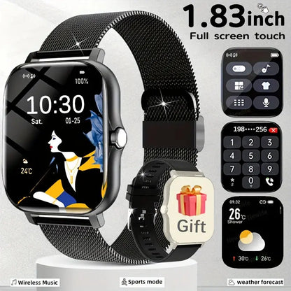 Full Touch Screen 1.83-inch Smart Watch for Men and Women with Wireless Calls, Message Reminders, Sports Tracker, Remote Camera, Weather Notification - USB Rechargeable, Multiple Sports Modes, 240P Resolution, Positioning Nav Chic Le'Meek