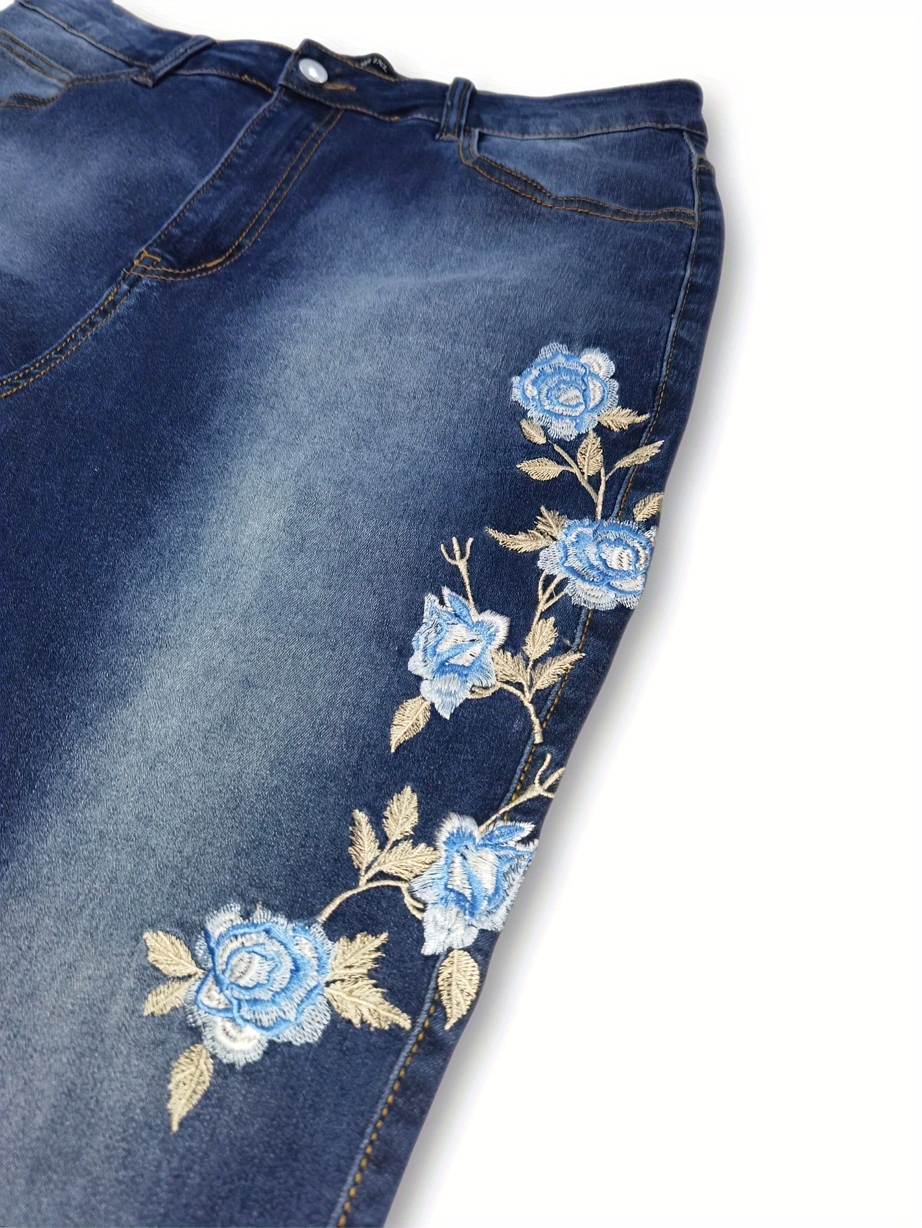 Plus Size Casual Jeans, Women's Plus Washed Floral Embroidery Button Fly Skinny Jeans