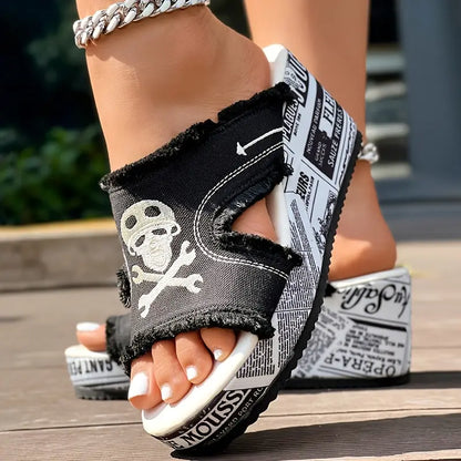 Newspaper Buckle Denim Wedge Slippers - Without Anklet Chic Le'Meek