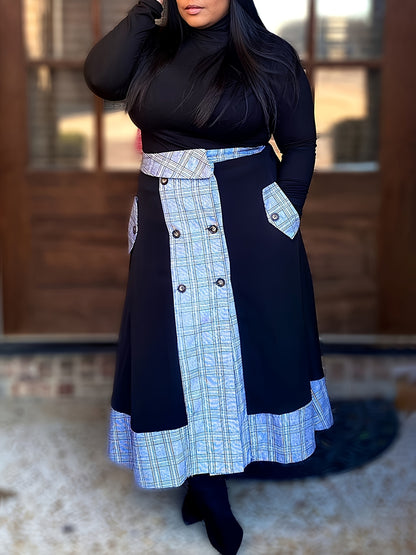 Mock-Neck Tee And Plaid Combo Skirt Set