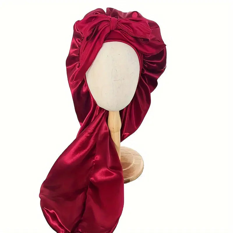 [Satin Sleep Caps] 2pcs Extra Long Satin Sleep Caps - Soft 100% Polyester, Adjustable Tie Design, Comfortable & Stylish for Women in Black & Pink Chic Le'Meek