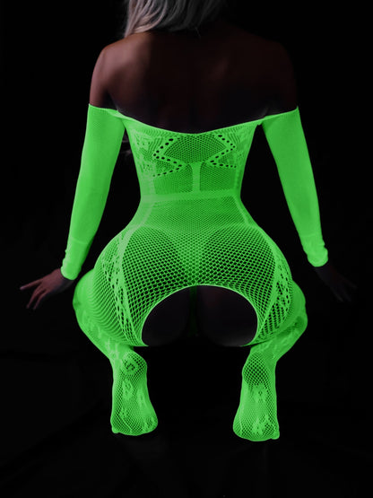 Crotchless, Luminous Fishnet Pattern, Polyester Knit Fabric Full Body Stocking for Adult