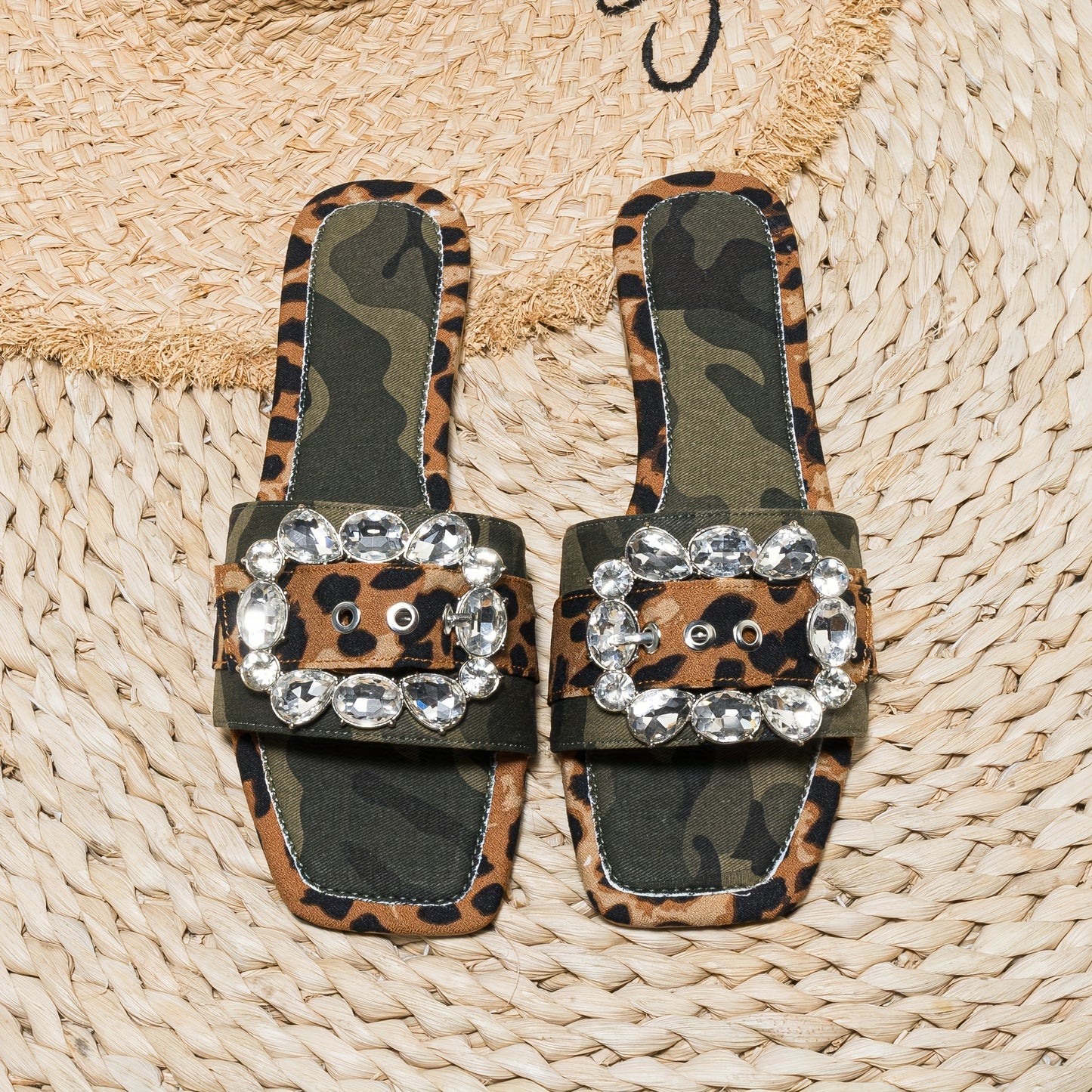 Women's Camouflage Leopard Print Slide Sandals, Fashion Buckle Decor Flat Summer Shoes, Lightweight Slide Sandals