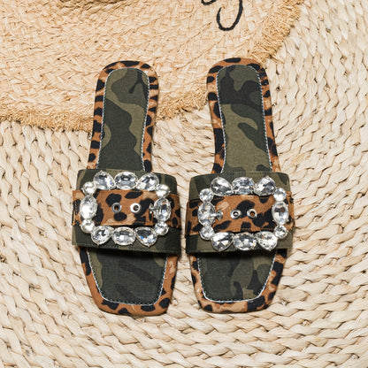 Women's Camouflage Leopard Print Slide Sandals, Fashion Buckle Decor Flat Summer Shoes, Lightweight Slide Sandals