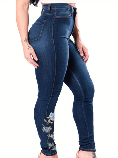 Plus Size Casual Jeans, Women's Plus Washed Floral Embroidery Button Fly Skinny Jeans