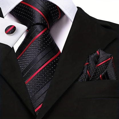 Sophisticated Men's Woven Striped Tie, Cufflink & Handkerchief Set - Perfect for Business, Parties & Gifting