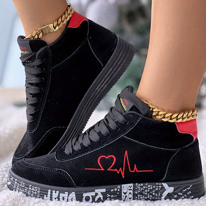 Womens Comfy Heart Design High-Top Casual Sneakers - Soft Fabric Insole, Lace-Up Closure, Slip-On Design, PU Faux Leather Sole, Random Printing, Perfect for Valentines Day and All-Season Wear