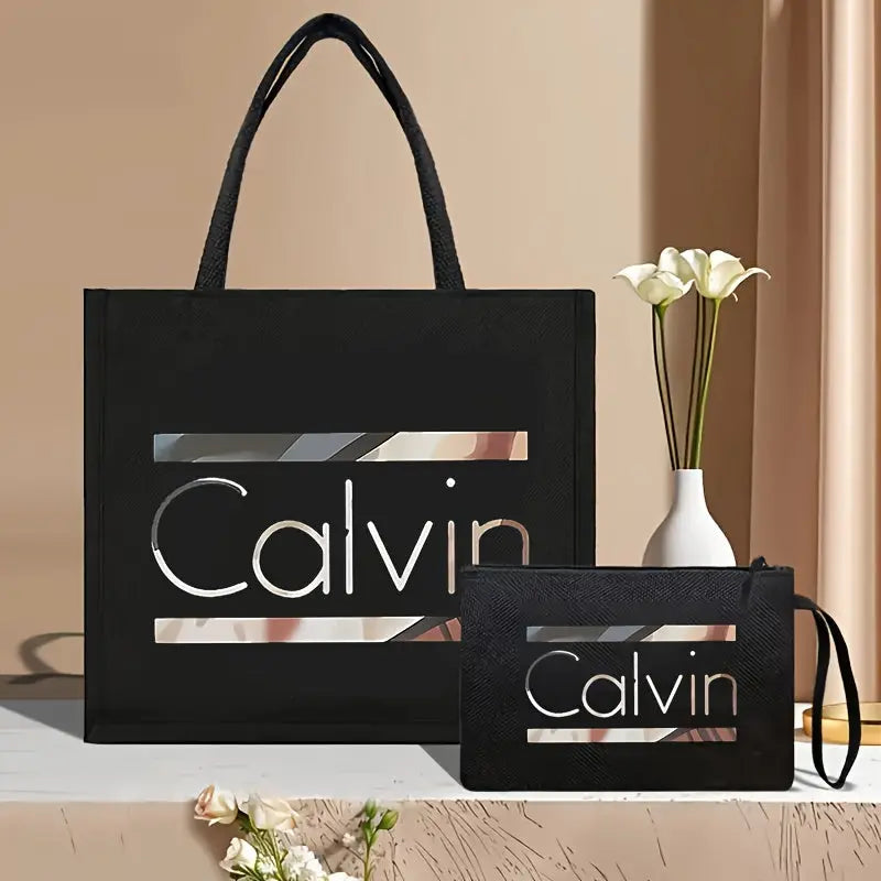 [Chic Calvin Print Set] Durable Two-Piece Canvas Tote & Cosmetic Bag Set Temu