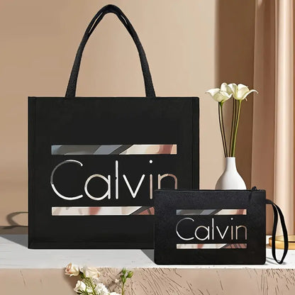 [Chic Calvin Print Set] Durable Two-Piece Canvas Tote & Cosmetic Bag Set Temu