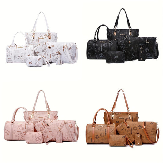 6pcs Retro Letter Print Womens Bag Set - Stylish & Versatile Tote, Boston Bag, Crossbody, Clutch, Wallet, Wristlet & Key Holder