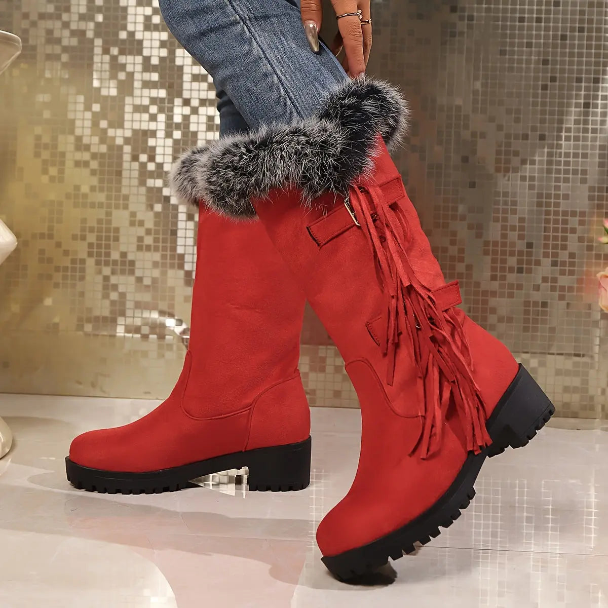 Women's Fluffy Pull On Boots, Platform Soft Sole Thermal Lining Winter Boots, Chunky Heel Tassel & Buckle Snow Boots for halloween Chic Le'Meek