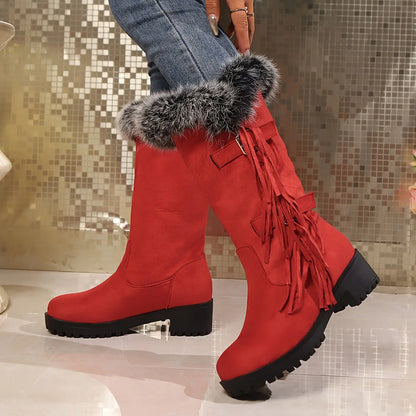 Women's Fluffy Pull On Boots, Platform Soft Sole Thermal Lining Winter Boots, Chunky Heel Tassel & Buckle Snow Boots for halloween Chic Le'Meek