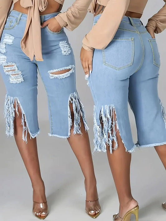 Plus Size Women'S Casual Denim Shorts With Fringed Hem Chic Le'Meek