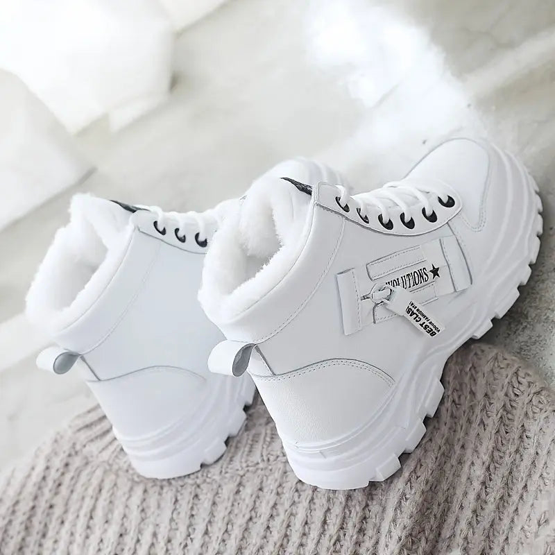 [Warm Fleece-Lined Winter Boots] Warm Fleece-Lined Women's Winter High-Top Boots - Thick Rubber Sole, Lace-Up Casual Style, White & Beige, Perfect for Cold Weather Comfort Chic Le'Meek