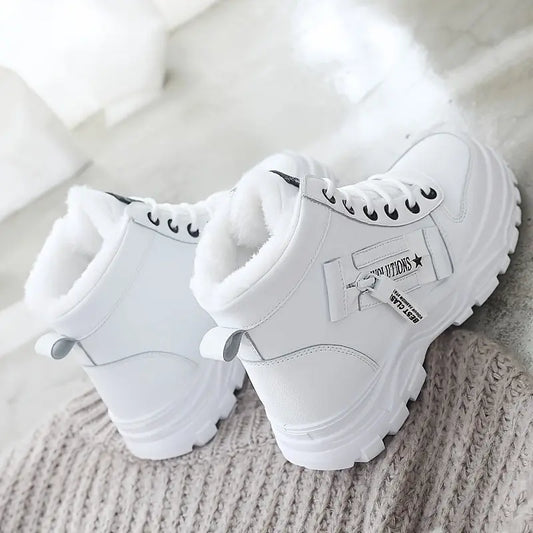 [Warm Fleece-Lined Winter Boots] Warm Fleece-Lined Women's Winter High-Top Boots - Thick Rubber Sole, Lace-Up Casual Style, White & Beige, Perfect for Cold Weather Comfort Chic Le'Meek