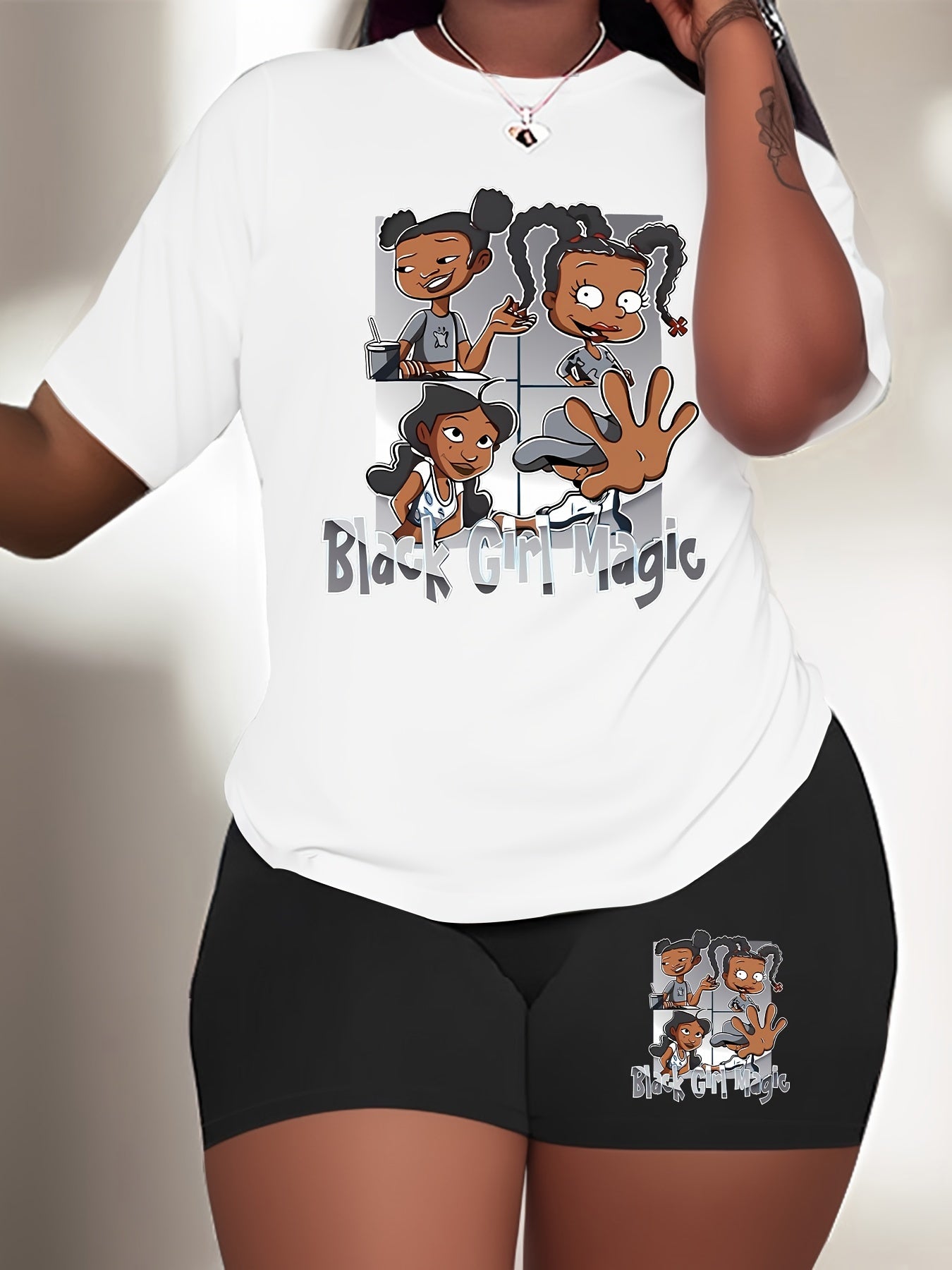 Women's Plus Size Sport 2-Piece Set "Black Girl Magic" Printed White T-Shirt And Blue Shorts, Casual Summer Outfit For Women, Inspirational Graphic Tee With Matching Shorts