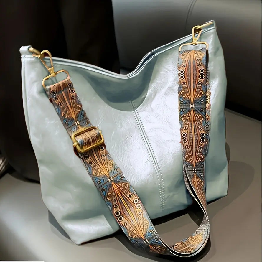 [Vintage Tote Bag] Large Vintage Tote Bag | Crossbody Bag with Removable Strap, Zipper Closure, Polyester Lining, Random Printing, No Edge Paint, for Women, Black/Beige/Rose Red/Pink/Light Grey/Blue/Light Green/Green/Light Br Chic Le'Meek