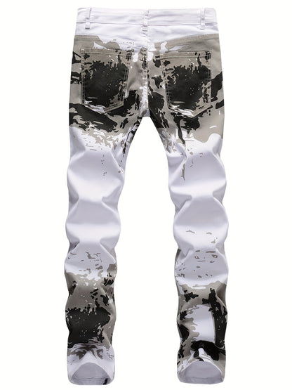 Men's Trendy Camouflage Jeans, Casual Mid Stretch Breathable Straight Leg Slim Fit Trousers For Outdoor Hiking Trekking