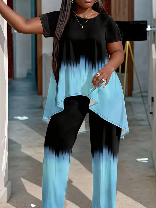 Plus Size Polyester Knit Tie-Dye Clothing Set - Short Sleeve Top And Long Pants - Machine Washable, Simple Style Chic Le'Meek