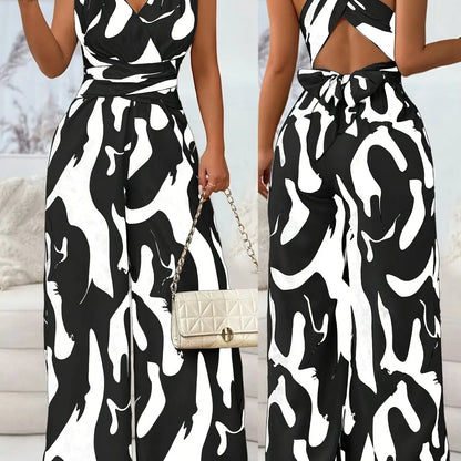 Women's Elegant Backless Jumpsuit with V-Neck & Cross Front Detail - Black & White Abstract Pattern Sleeveless Romper, Machine Washable Spring/Summer Party & Casual Outfit, Ladies Jumpsuit Chic Le'Meek