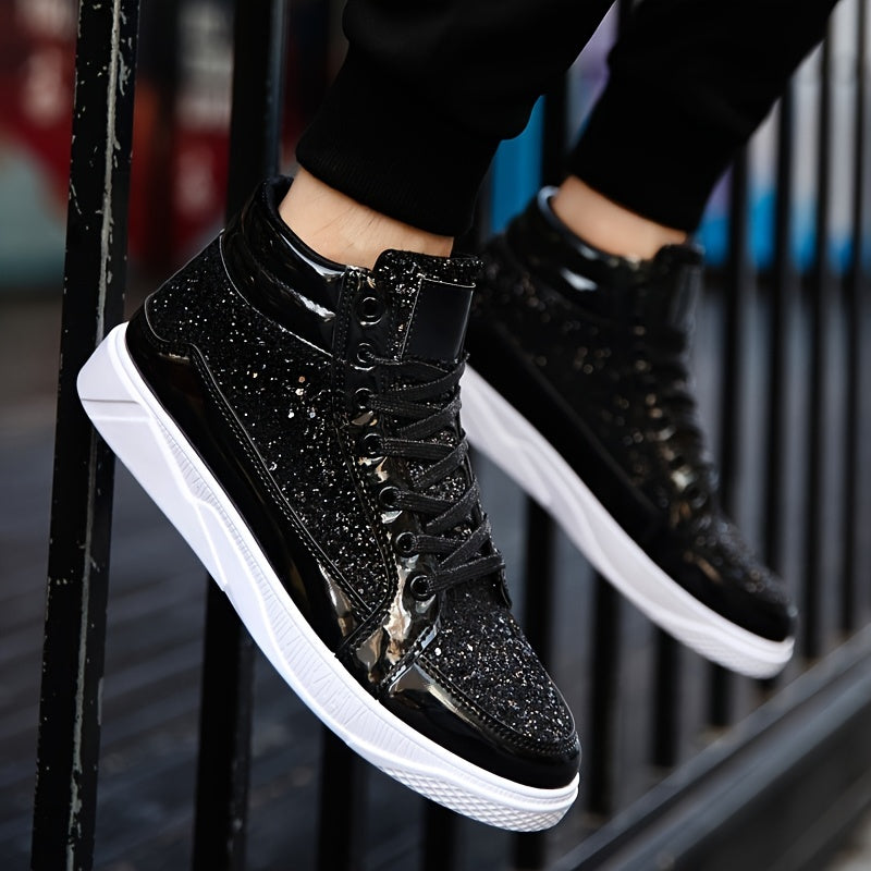 Mens Dazzling Sparkle High Top Skate Shoes - Superior Grip, Ventilated Comfort, Secure Lace-up - Shimmering Glitter Sneakers for Trendsetting Style