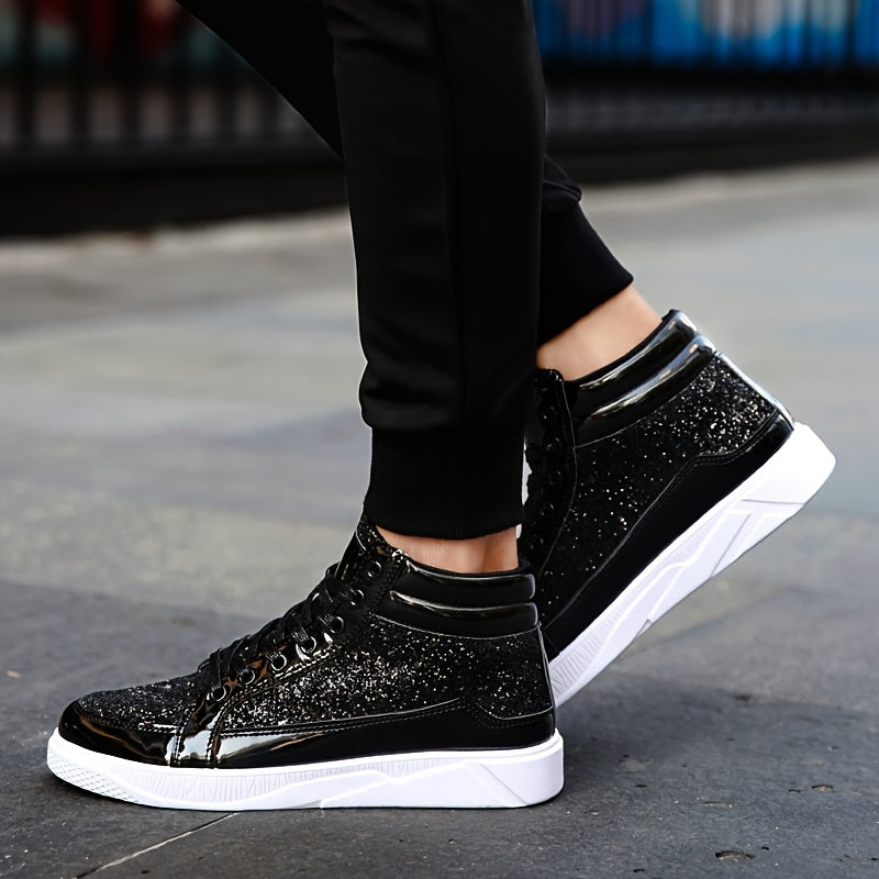 Mens Dazzling Sparkle High Top Skate Shoes - Superior Grip, Ventilated Comfort, Secure Lace-up - Shimmering Glitter Sneakers for Trendsetting Style