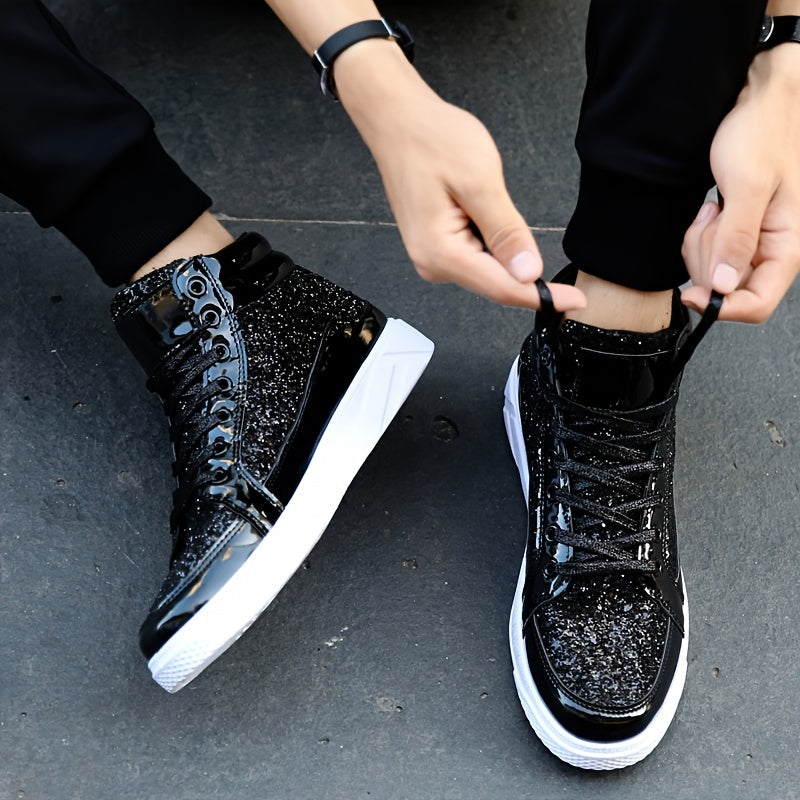 Mens Dazzling Sparkle High Top Skate Shoes - Superior Grip, Ventilated Comfort, Secure Lace-up - Shimmering Glitter Sneakers for Trendsetting Style