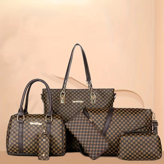 6PCS Luxury PU Leather Tote Bag Set - Stylish Clutch & Shoulder Bag - Perfect for Casual, Work & Versatile Wear