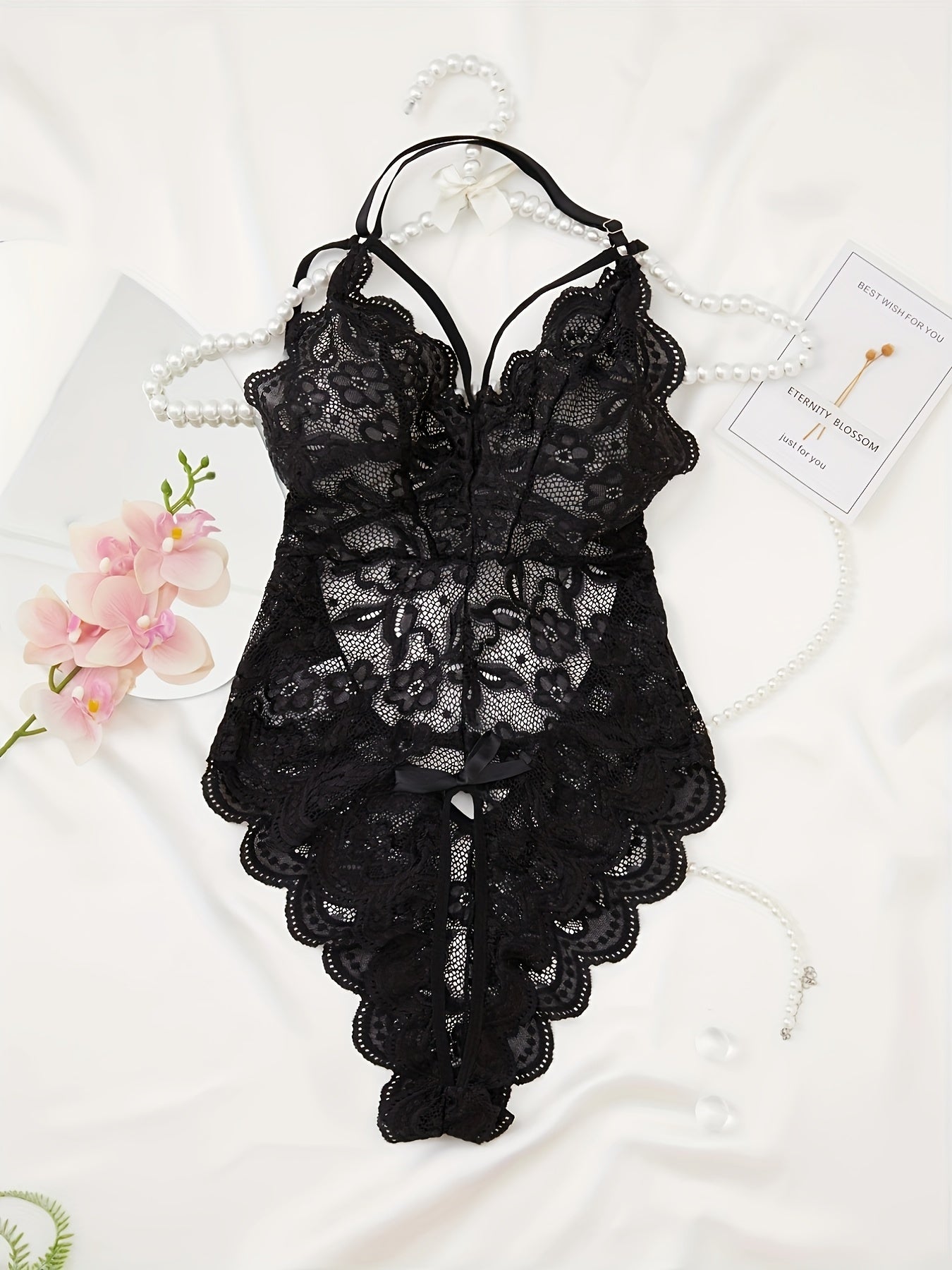 Hot Floral Lace Scallop Trim Halter Teddy, Backless Strappy Bodysuit, Women's Sexy Lingerie & Underwear