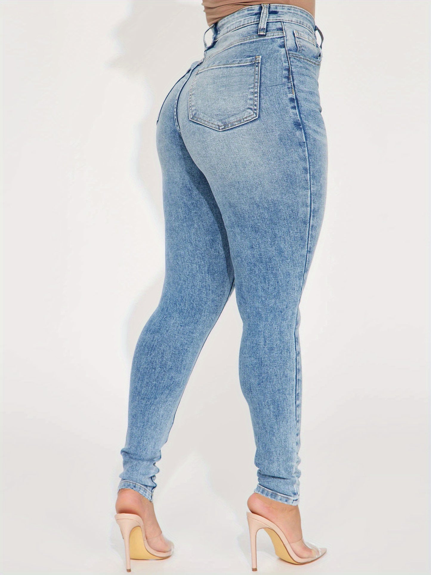 Women's Casual Jeans, Plus Size Light Washed Blue Slash Pocket High Rise Skinny Denim Pants