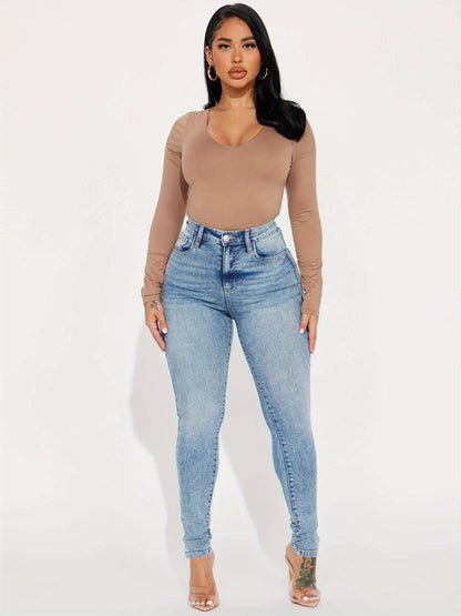 Women's Casual Jeans, Plus Size Light Washed Blue Slash Pocket High Rise Skinny Denim Pants