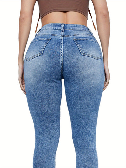 Women's Casual Jeans, Plus Size Light Washed Blue Slash Pocket High Rise Skinny Denim Pants