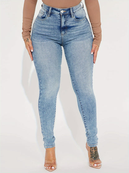 Women's Casual Jeans, Plus Size Light Washed Blue Slash Pocket High Rise Skinny Denim Pants