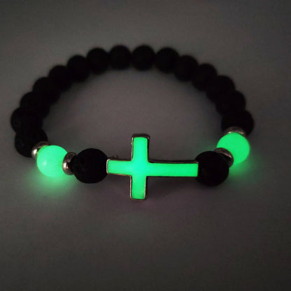 1pc Volcano Stone Night Glow Retro Bracelet, Multi Color Glowing Cross Bead Jewelry For Men, Father's Day Gift