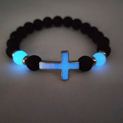 1pc Volcano Stone Night Glow Retro Bracelet, Multi Color Glowing Cross Bead Jewelry For Men, Father's Day Gift