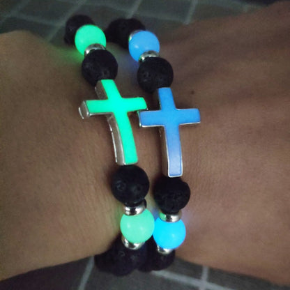 1pc Volcano Stone Night Glow Retro Bracelet, Multi Color Glowing Cross Bead Jewelry For Men, Father's Day Gift