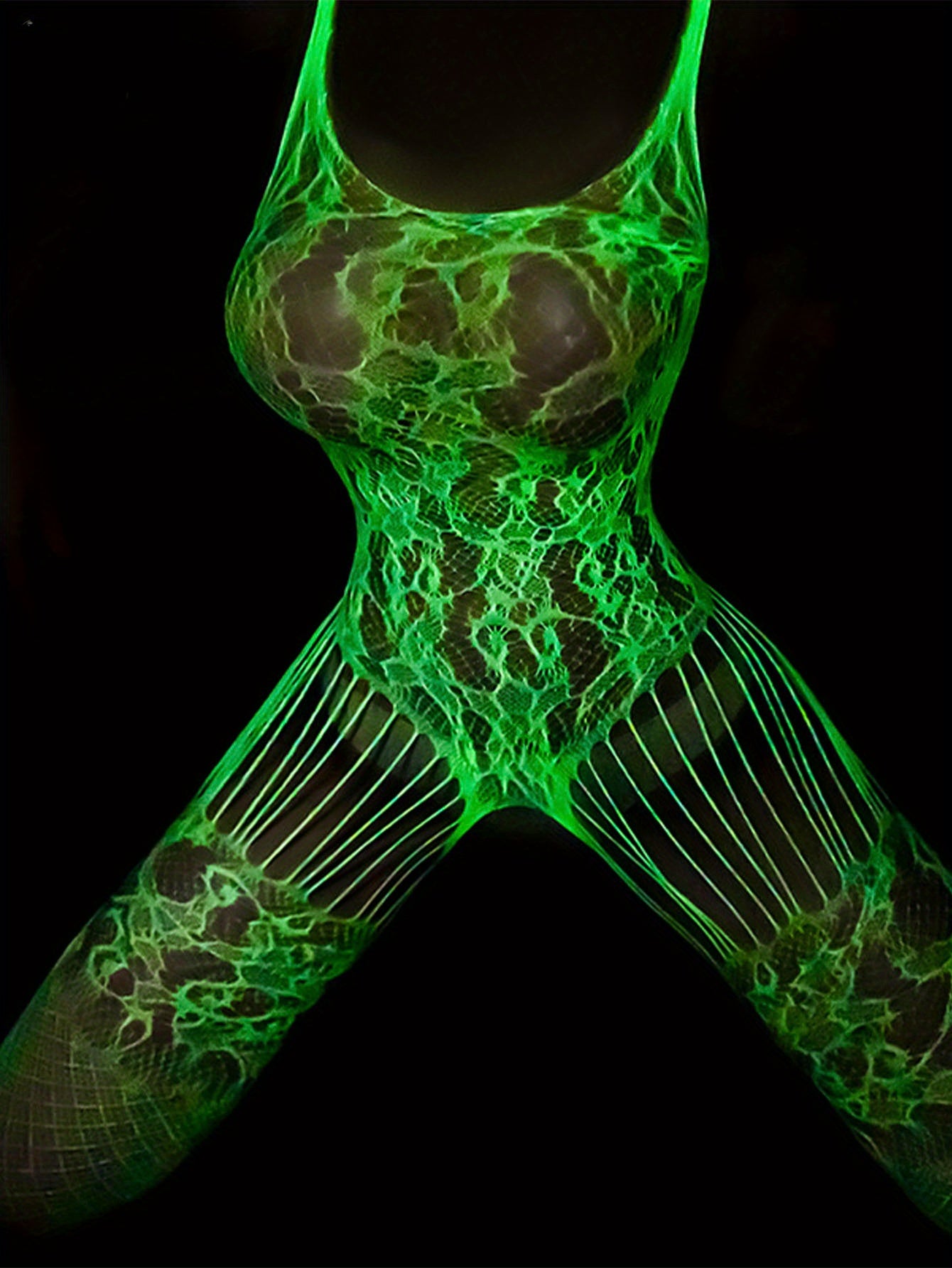 Knit Fabric, Hollow, Solid Color, Crotchless, Stretchy Bodysuit for St Patricks Day Party