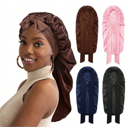 Women's Elastic Tie Band Long Satin Bonnet for Long Curly Hair - Gentle Hair Care Sleeping Cap with Smooth Texture and Soft Inside Chic Le'Meek