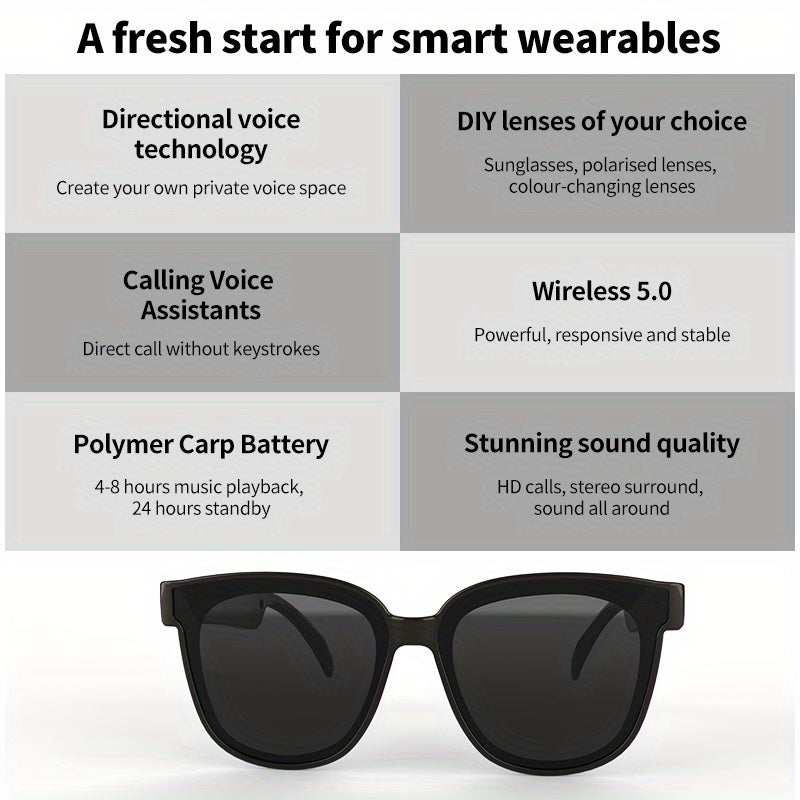 Smart Sunglasses: Equipped With Wireless 5.0 Audio Function, Voice Call, Music Playback And Voice Assistant Activation Function - Suitable For Smart Glasses On Sunny Beach Days