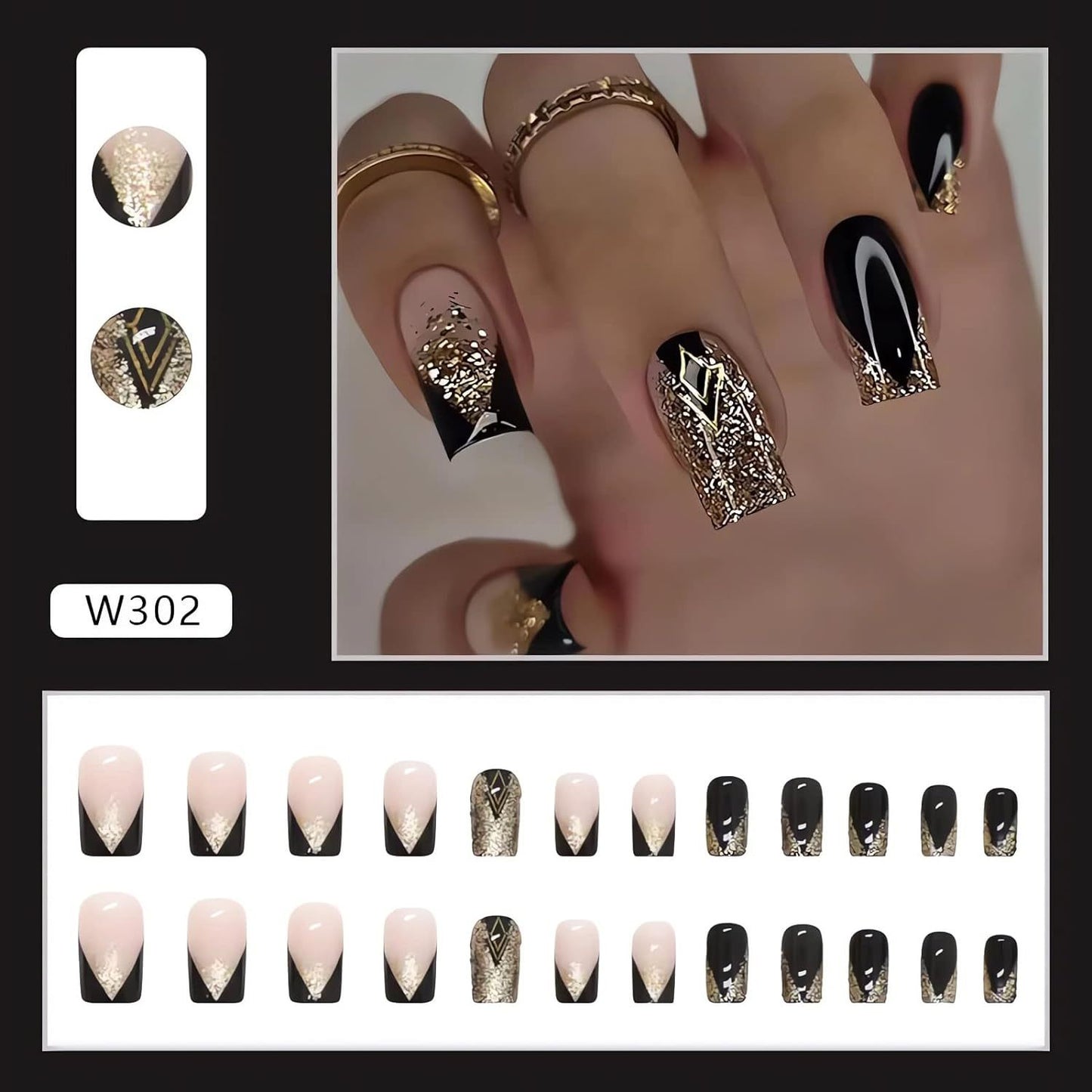 24PCS Square Fake Nails French Tip Press On Nails Medium Black Glue On Nails Full Cover False Nails With Golden Glitter Designs French Nails