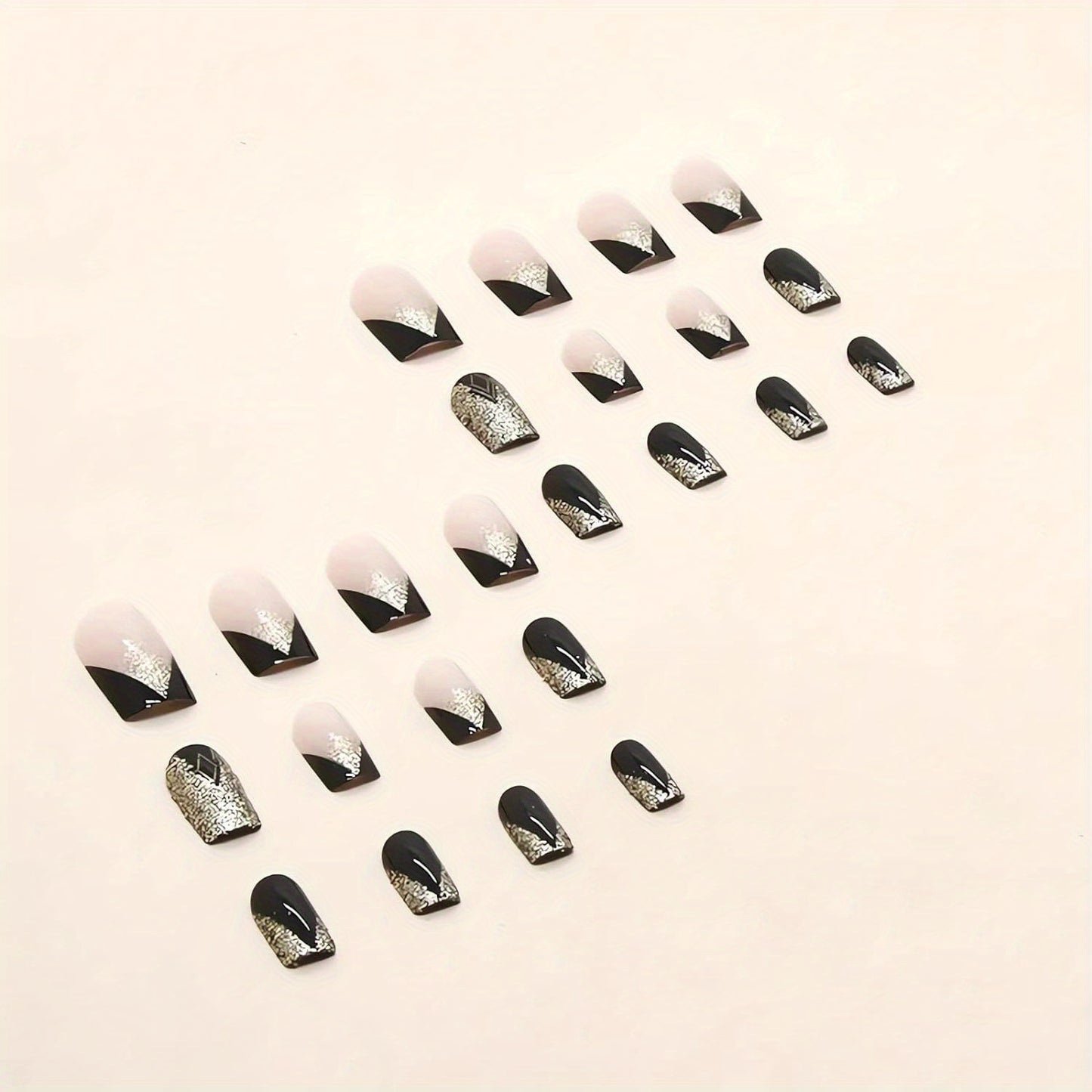 24PCS Square Fake Nails French Tip Press On Nails Medium Black Glue On Nails Full Cover False Nails With Golden Glitter Designs French Nails