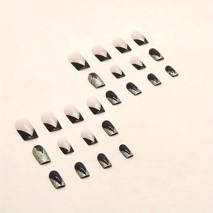 24PCS Square Fake Nails French Tip Press On Nails Medium Black Glue On Nails Full Cover False Nails With Golden Glitter Designs French Nails