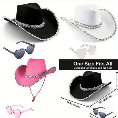 Rhinestone Cowboy Hat Set - 3pcs Felt Western Hat with Heart-Shaped Sunglasses and Bandana - Unisex Glitter Disco Party Costume Accessory - Dry Clean Only