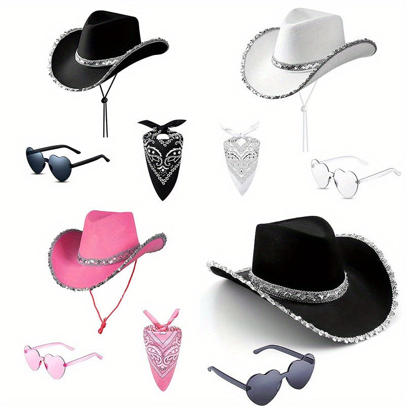 Rhinestone Cowboy Hat Set - 3pcs Felt Western Hat with Heart-Shaped Sunglasses and Bandana - Unisex Glitter Disco Party Costume Accessory - Dry Clean Only