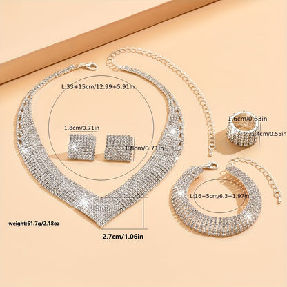 Radiant Silver Plated Jewelry Set - 5pc Earring, Necklace, Bracelet & Ring Dupes, Perfect for Weddings & Parties - A Glamorous Accessory Ensemble