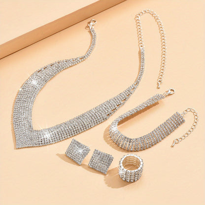 Radiant Silver Plated Jewelry Set - 5pc Earring, Necklace, Bracelet & Ring Dupes, Perfect for Weddings & Parties - A Glamorous Accessory Ensemble