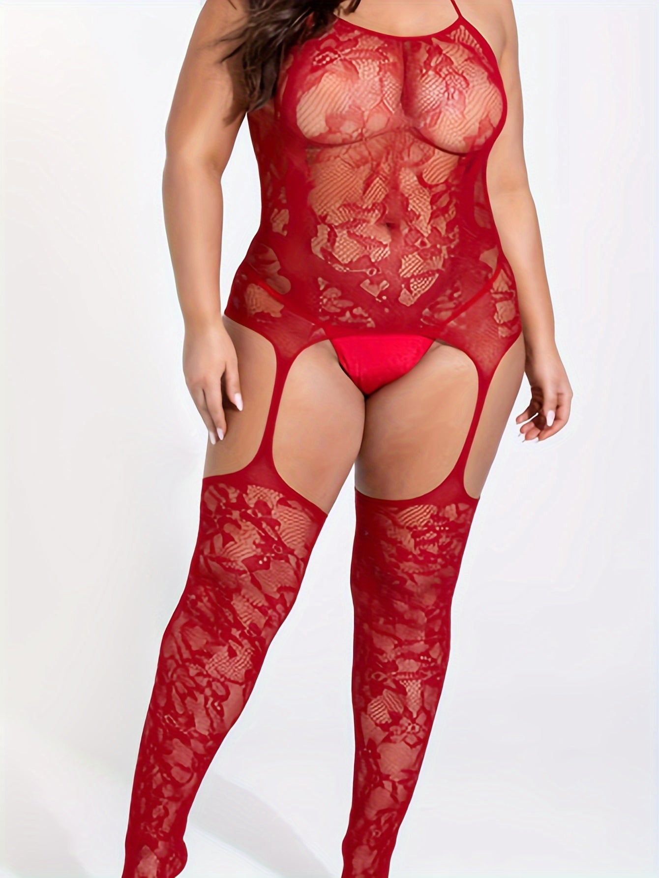 Jacquard Pattern, Fishnet Crotchless Halter Bodysuit for Adults - Polyamide Knit Fabric, Comfortable and Alluring