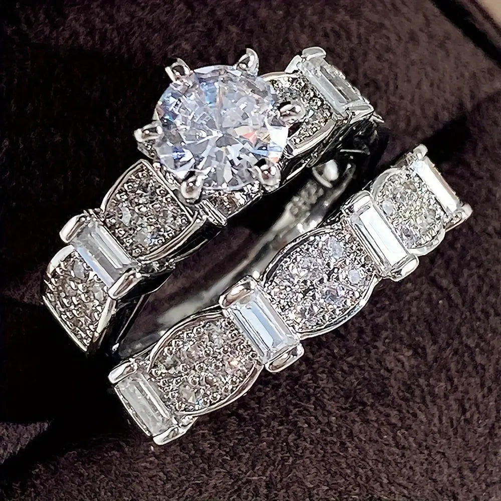 2pcs Paved Shining Zirconia Glamorous Stacking Rings Symbol Of Luxury And Nobility Engagement/Wedding Ring Dupes Luxury Jewelry Chic Le'Meek